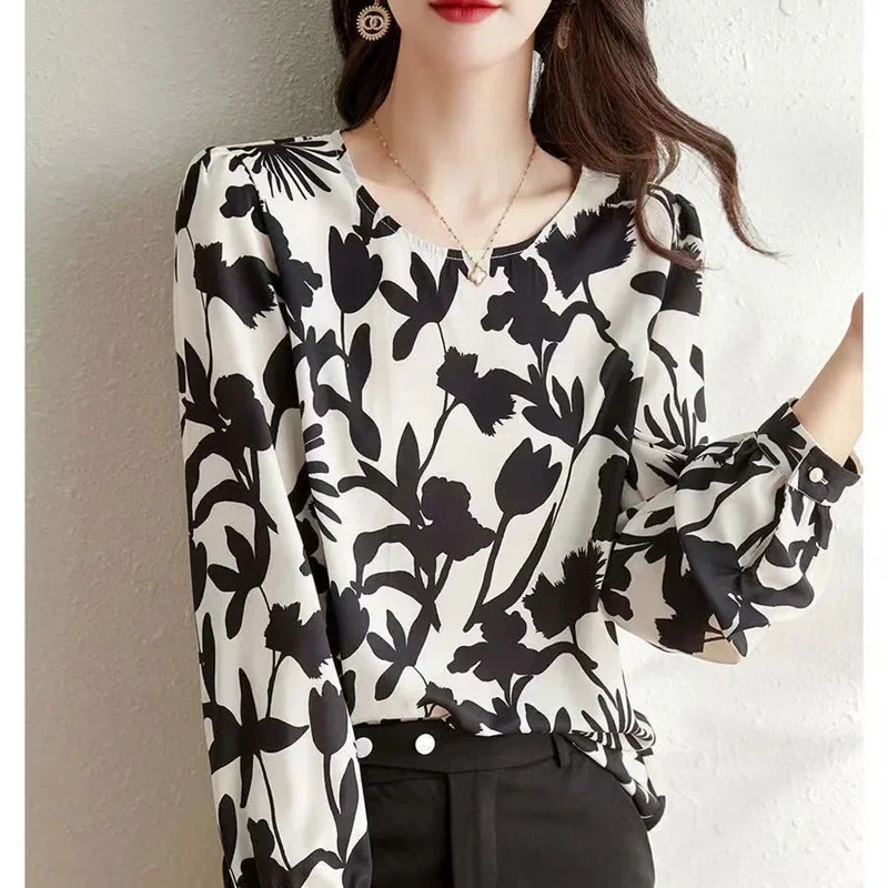 Elegant Fashion Printing Autumn Blouse Top Women New Classic Puff Sleeve Slim Long  O-collar Lady Pullover Shirt 2024 N305