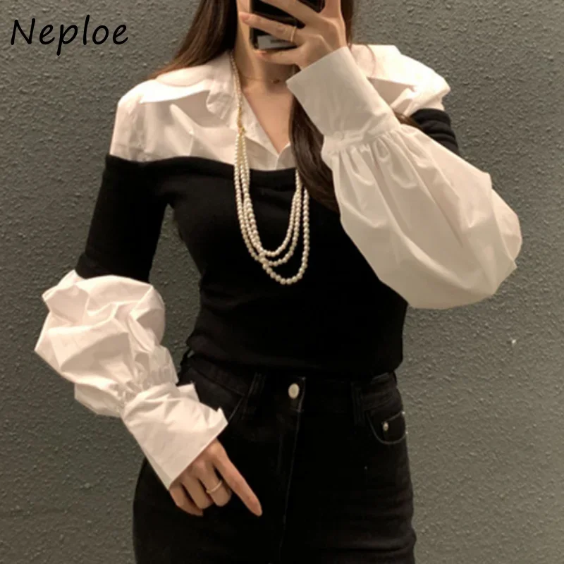 Neploe Turn Down Collar Fake Two Piece Blouses Long Sleeve Contrast Color Patchwork Shirts Vintage Blusas Mujer De Moda 2024