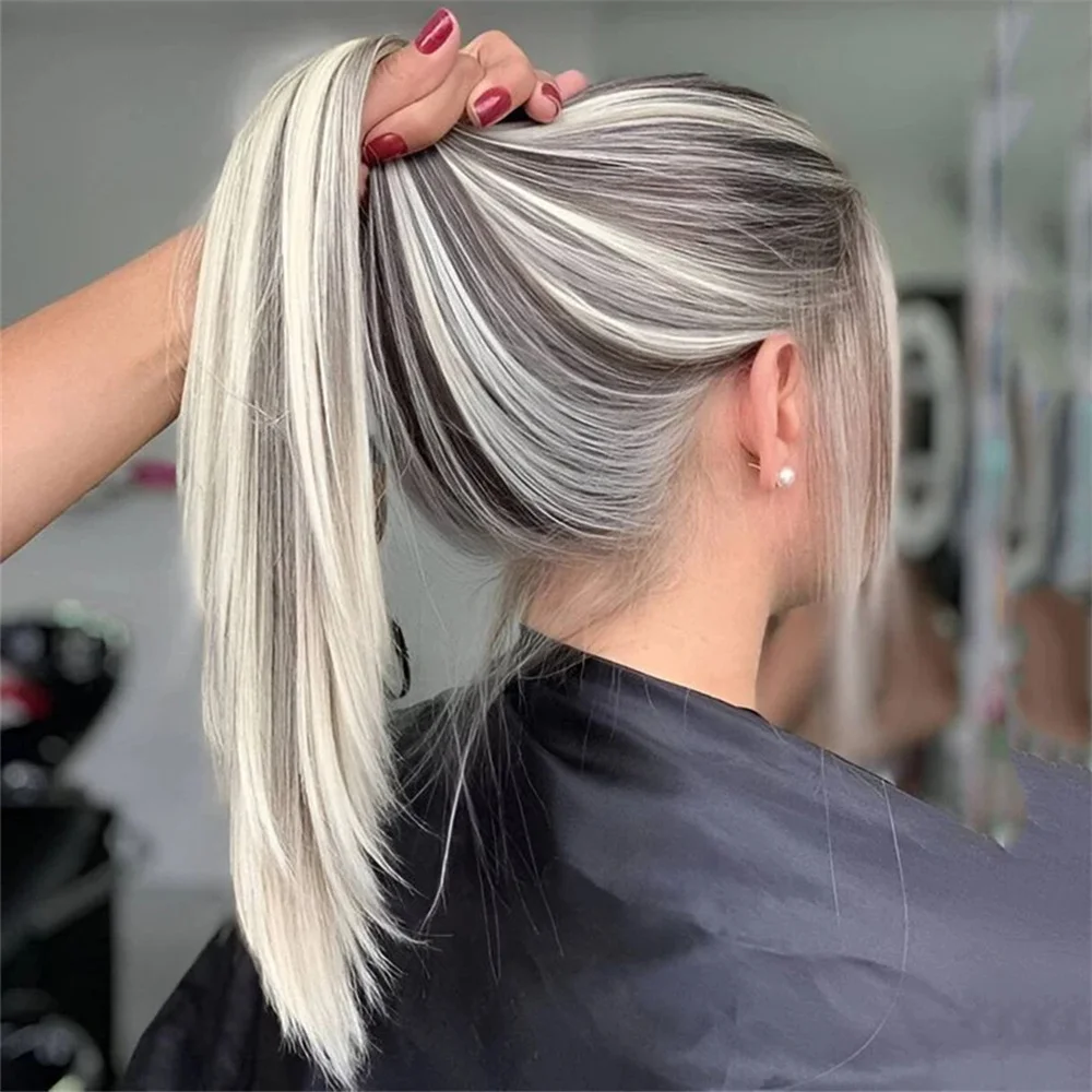 

Синтетический парик с прямым кружевным фронтом 13x4, предварительно сформированный, с прядями цвета пепельного блонда, прозрачное кружево, для женщин, серый, прямой, с кружевной основой