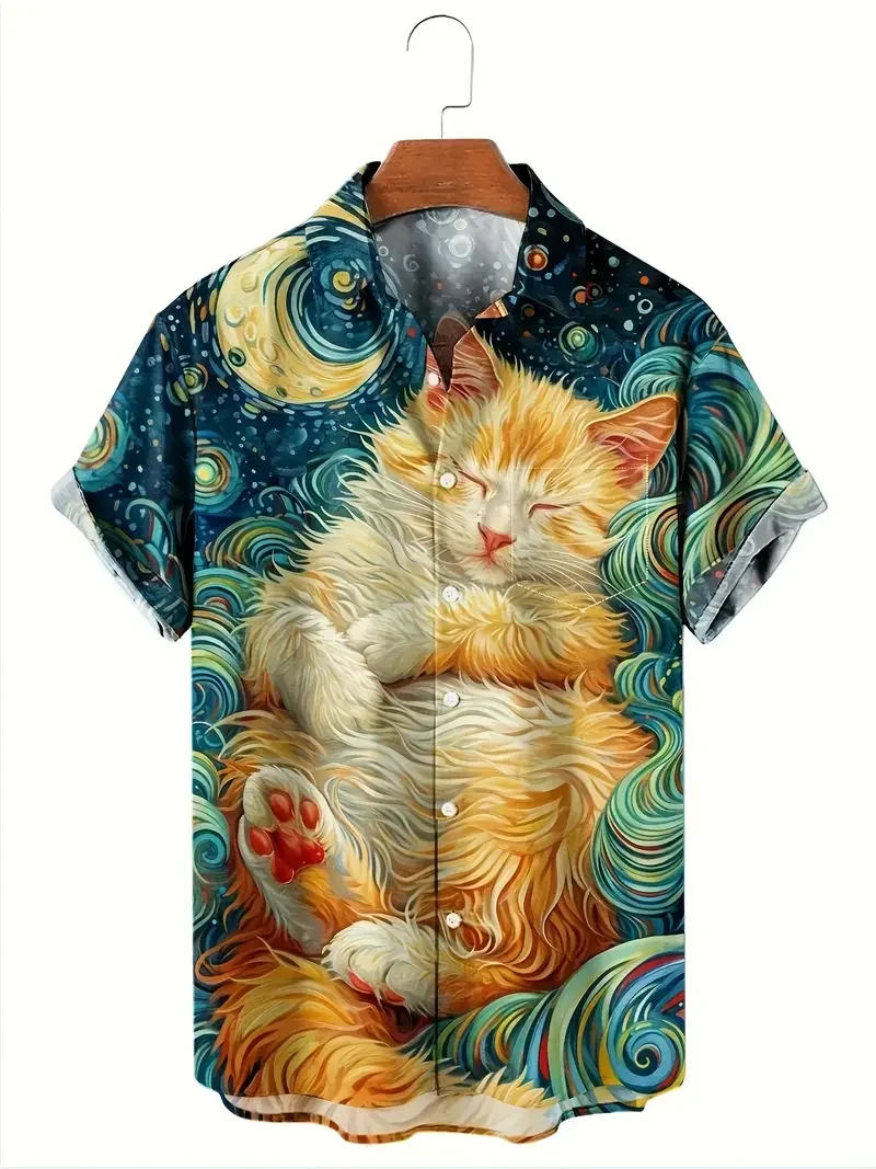Camisas Unisex a la moda para hombre, ropa informal con estampado de gato bonito para uso diario, camisa de manga corta con estampado 3D, camisas hawaianas para hombre, Top Harajuku 2025