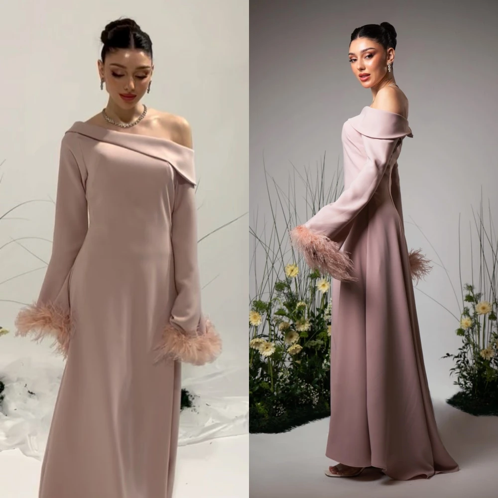 Ball Dress Saudi Arabia Prom Satin Feather Celebrity A-line One-shoulder Bespoke Occasion Gown Long Dresses