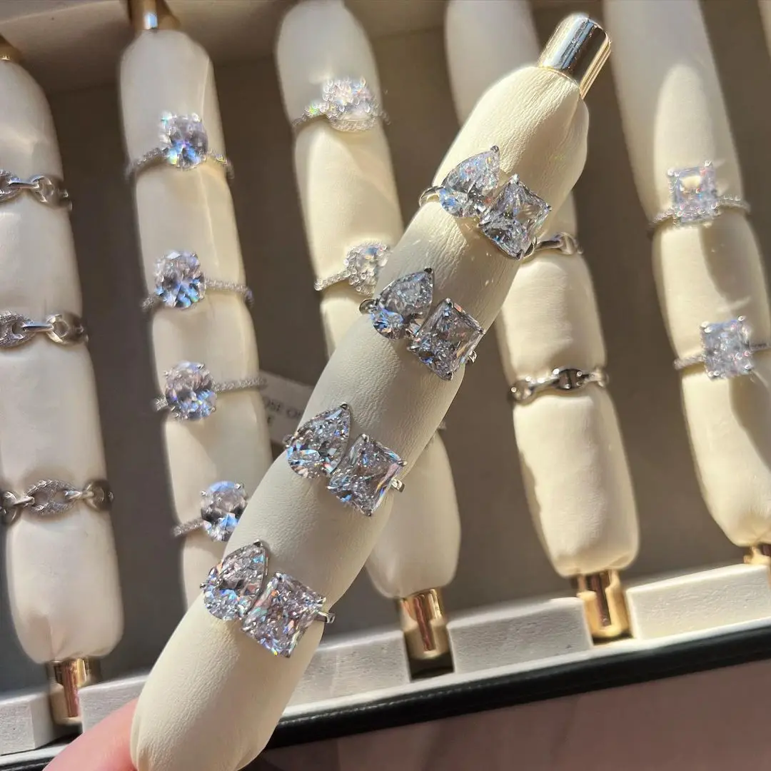 Geometric Various Shaped White Colorful Cubic Zirconia CZ Open Adjusted Finger Ring For Women Trendy Jewelry