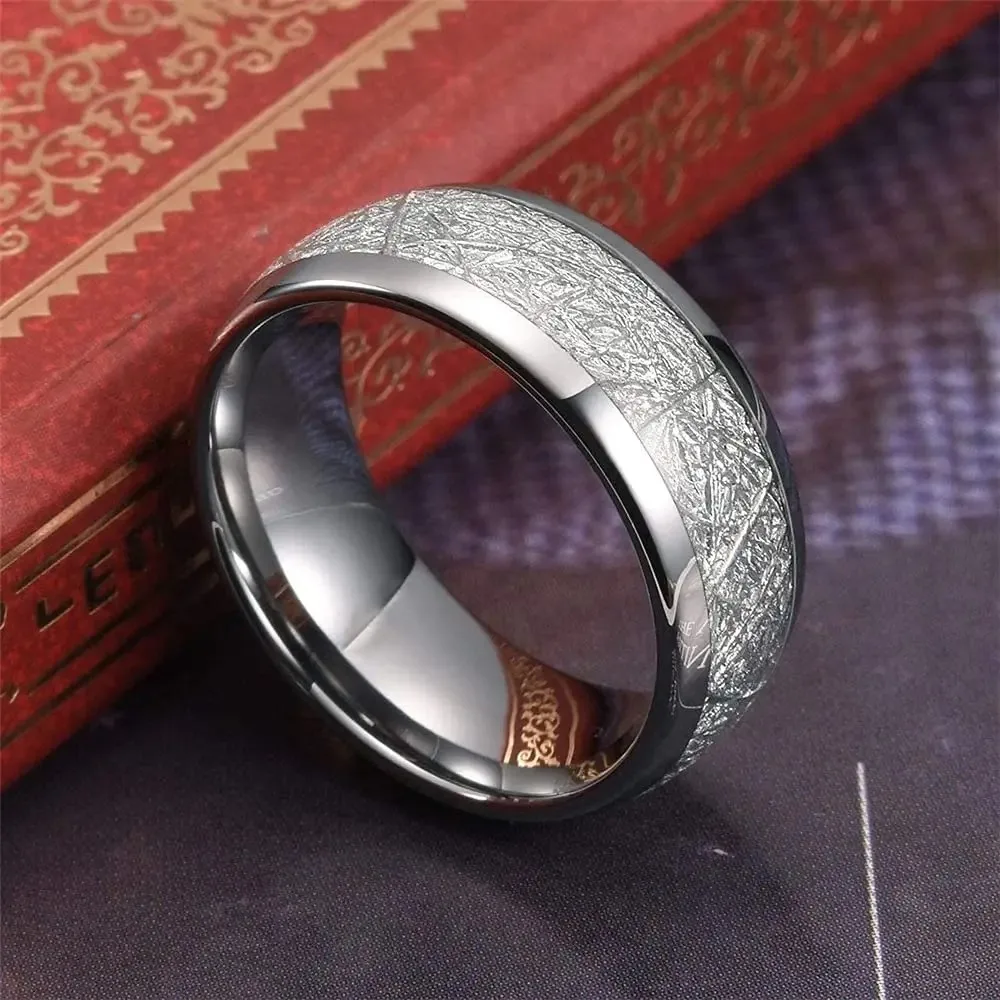 Trendy 8mm Men Stainless Steel Rings Vintage Silver Color Meteorites Inlay High Polished Rings For Men Wedding Band Jewelry Gift