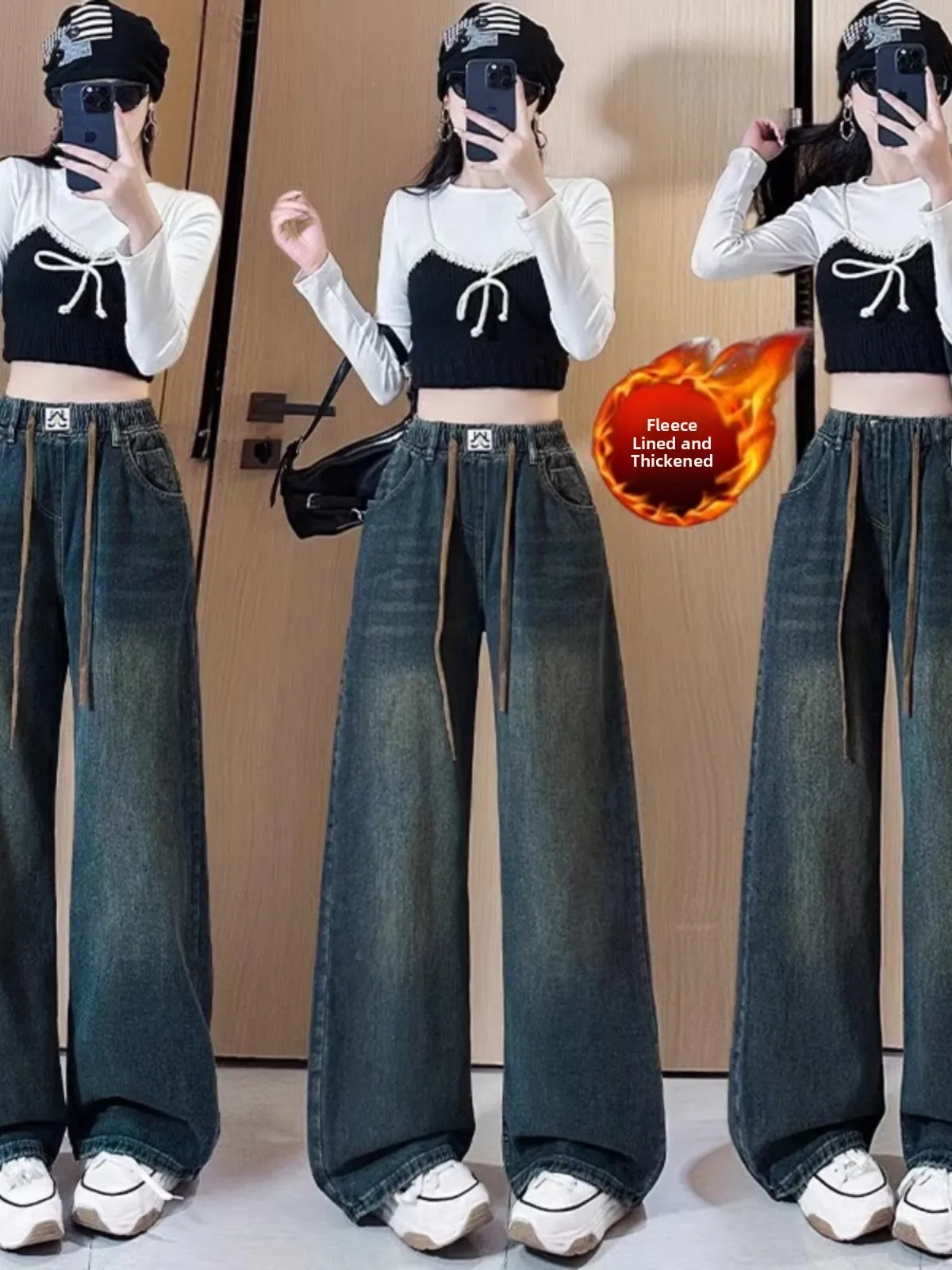 

Women's Elastic Waist Fce Lined Wide Leg Jeans Straight Cut Loose Slimming Dstring Retro Trousers Trendy Deep Blue Denim