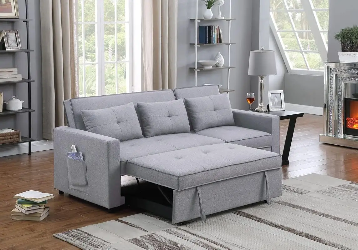 

Home Zoey Light Gray Linen Convertible Sleeper Sofa with Side Pocket