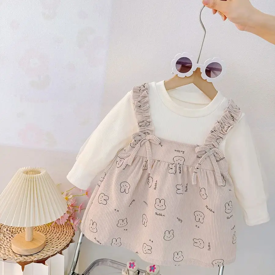 فستان بناتي جديد مطبوع عليه أرنب كرتوني للخريف، ملابس أطفال على الطراز الكوري مناسبة للأطفال من عمر 9 أشهر إلى 3 سنوات