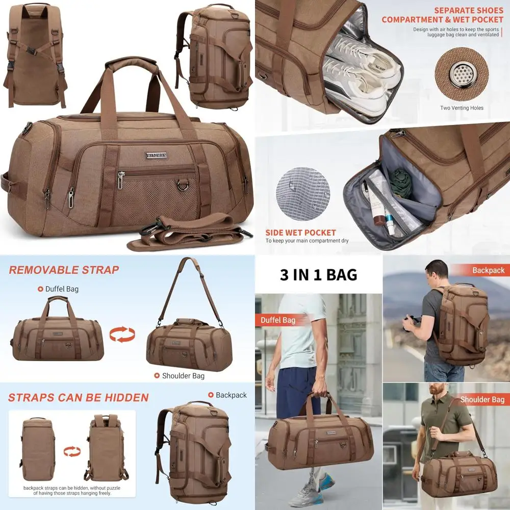 

Men's 3-in-1 Canvas Duffel Bag Travel Backpack 40L Carry-On Weekender with Shoe Compartment for Overnight Trips