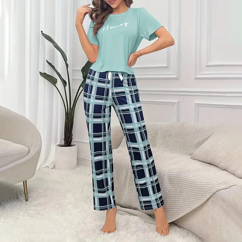 Women\'s round neck pajama set with letter printed short sleeved top and checkered pants casual soft and comfortable pajamas