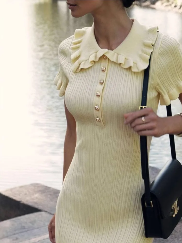 

Knitted Dress Vestido Dresses 2025 Woman Ruffles Buttons Slim Solid Color All-match Simple Style Temperament Elegant Doll Collar