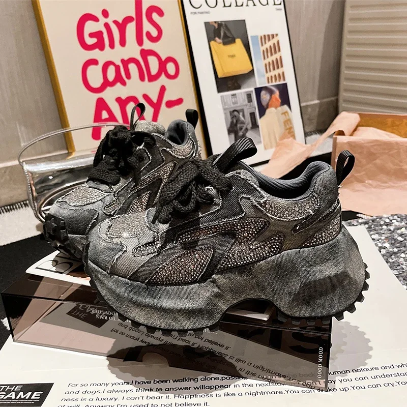Women's Sneaker Crystal Platform High Heels Sport Shoes 2025 Autumn Luxury New Lace Up Running Hiking Shoes Casual Mujer Zapatos