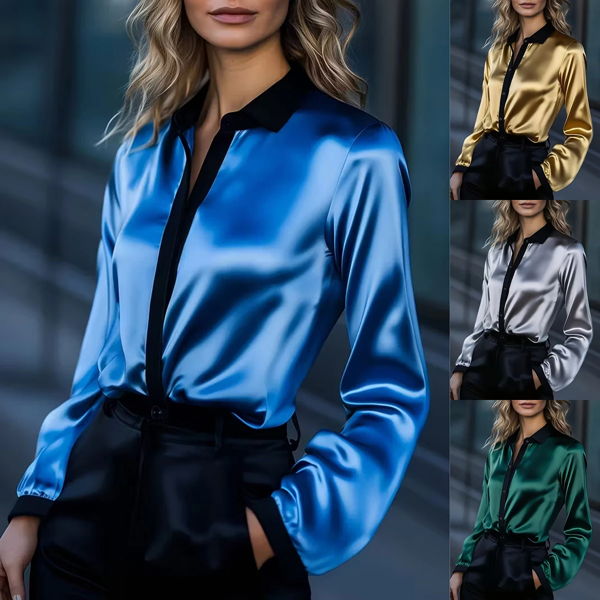 Silk Geometric Pattern Long Sleeve Shirt Elegant Ladylike Style Independent Station Women's Fashion Color Block Design Blouse