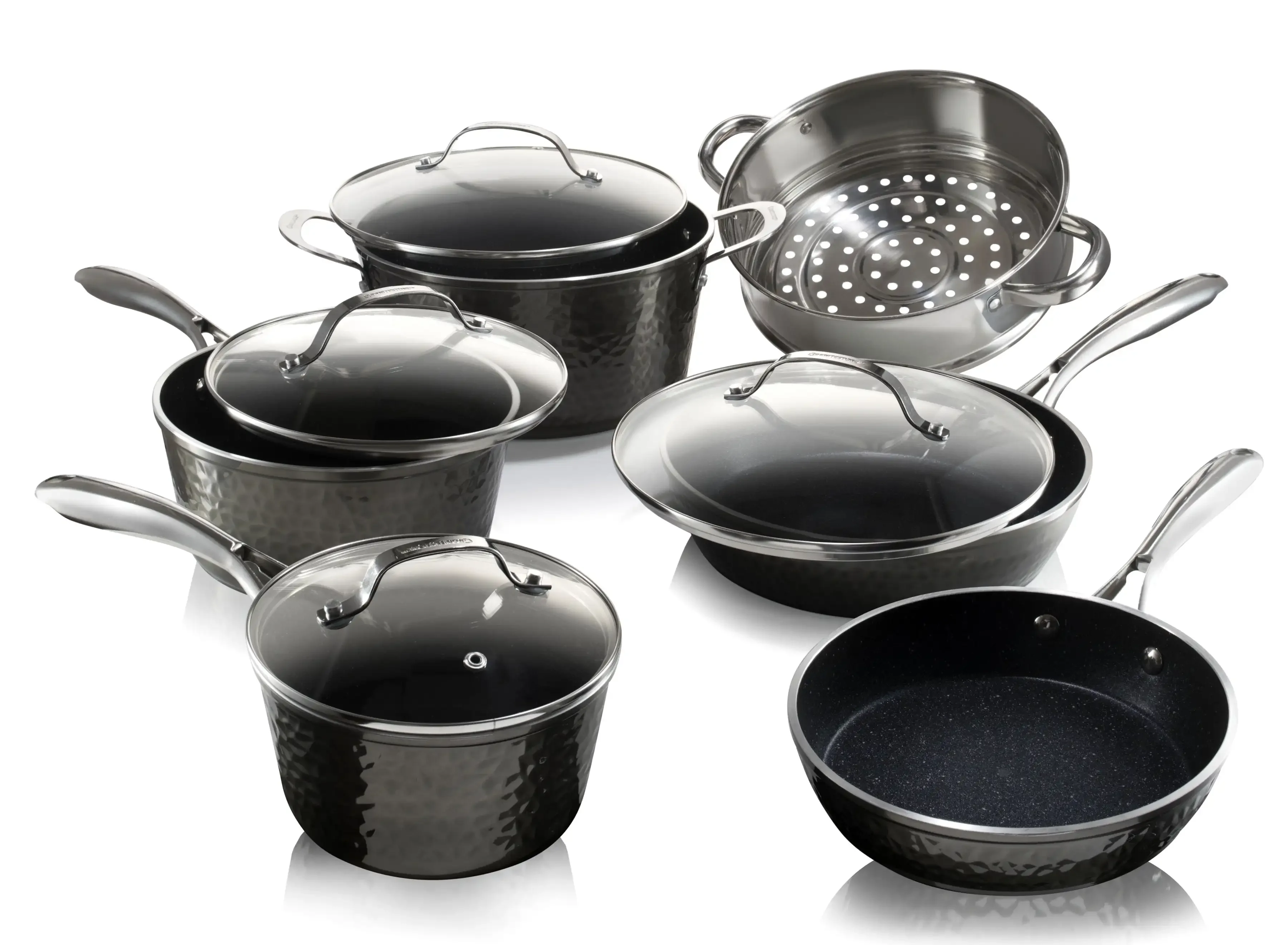 

Granite Stone Hammered Titanium Non-Stick Diamond Infused 10 Piece Cookware Set with Glass Lids, Oven Safe,