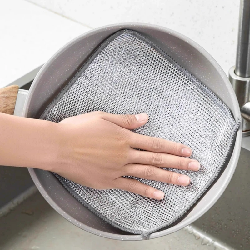 

100pcs Magic Dishcloth Silver Wire Cleaning Kitchen Cloth Thickened Microfiber Wash Towel Built-in Sponge Steel Wire Ball Rag