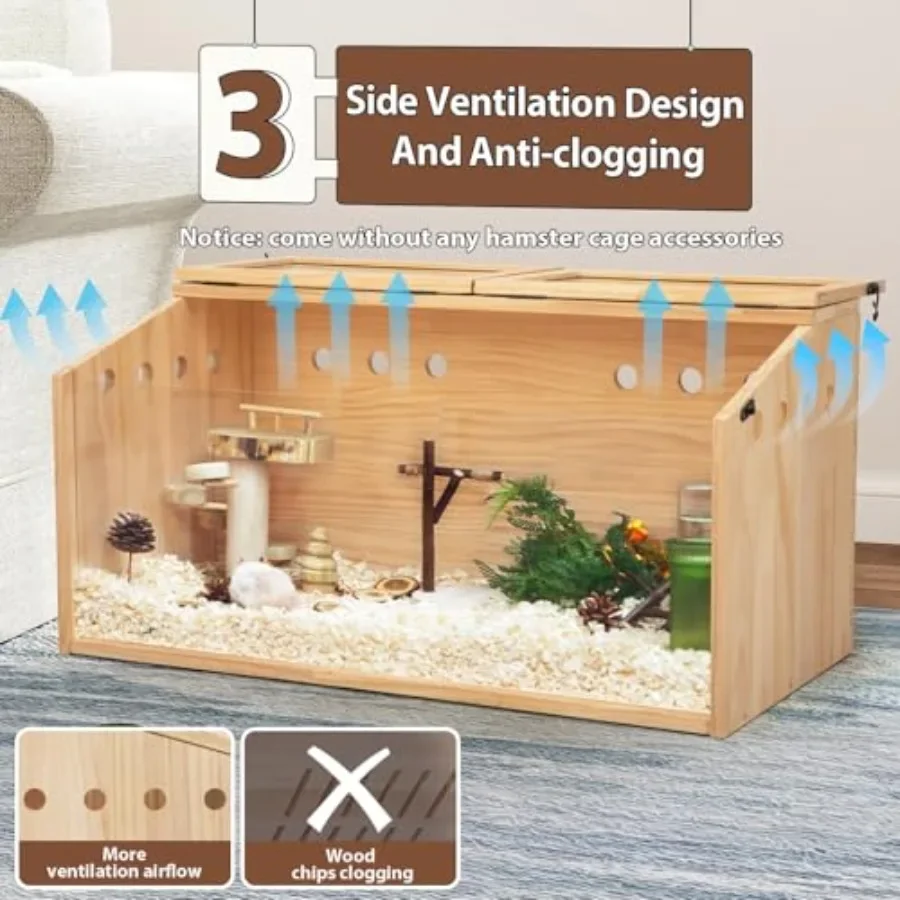 قفص هامستر خشبي كبير على شكل قفص هامستر مع نافذة أكريليك وقابلة للفتح مقاس 32 بوصة طول × 16 بوصة عرض × 16 بوصة ارتفاع حيوان صغير Ca #2