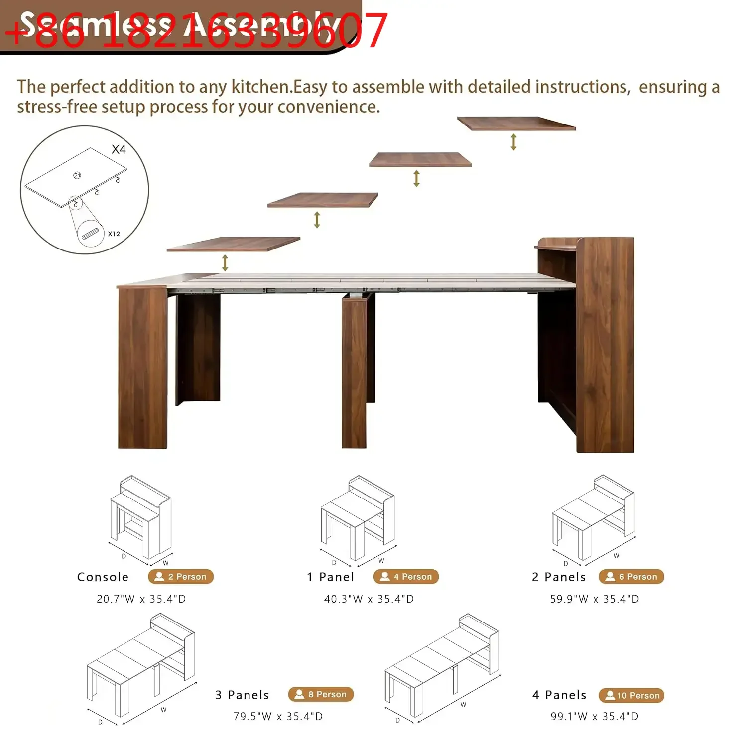 20"-99" Extendable Dining Table with Storage for 2-10 People, Modern Modular Extension Table, Space-Saving Extra, Customized