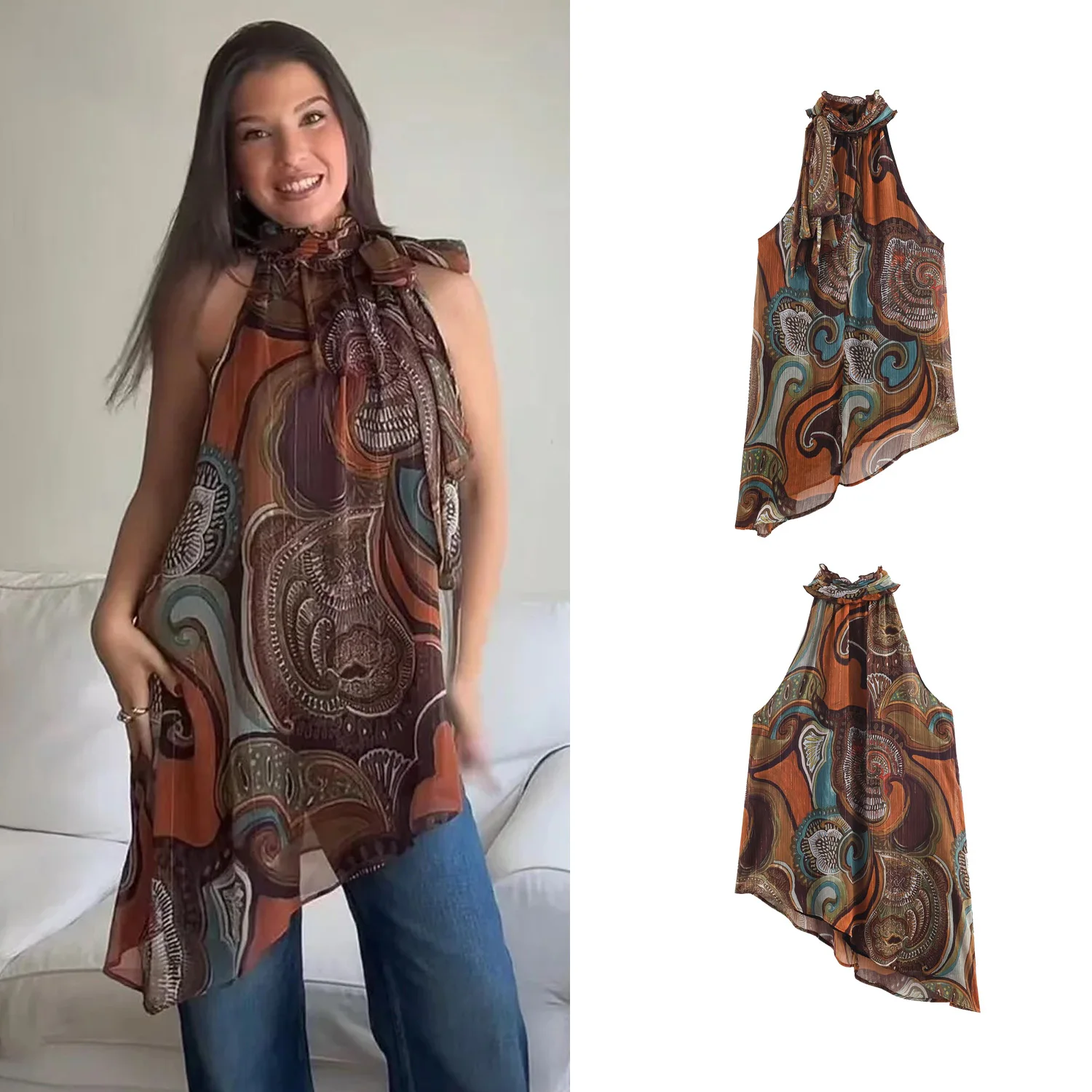 

Women Spring Summer Asymmetrical Printed Bow Tops Female Fashion Causal Halter Sleeveless Party Tops High Street Shirt