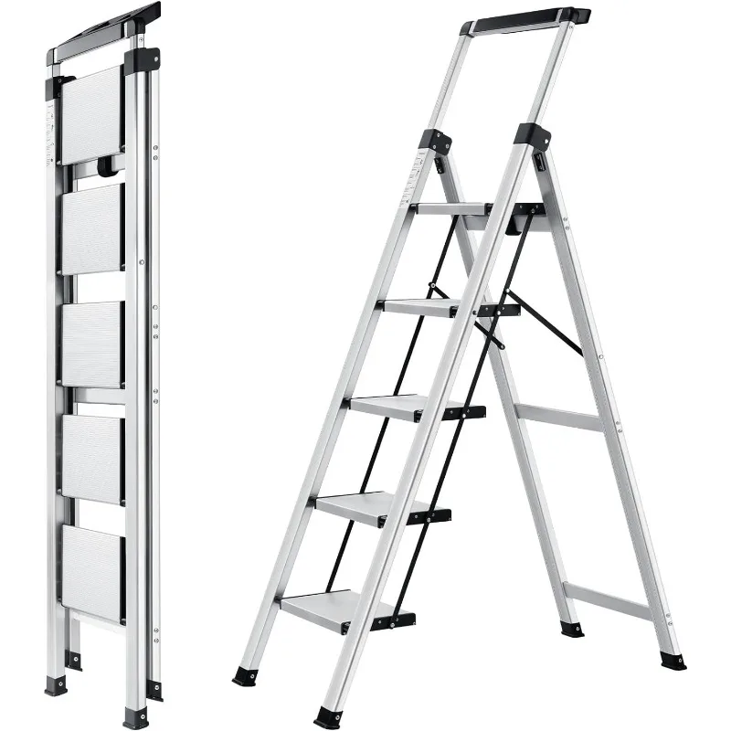 

Retractable Handgrip Folding Step Stool Ladders with Anti-Slip Wide Pedal, Aluminum 3 Steps