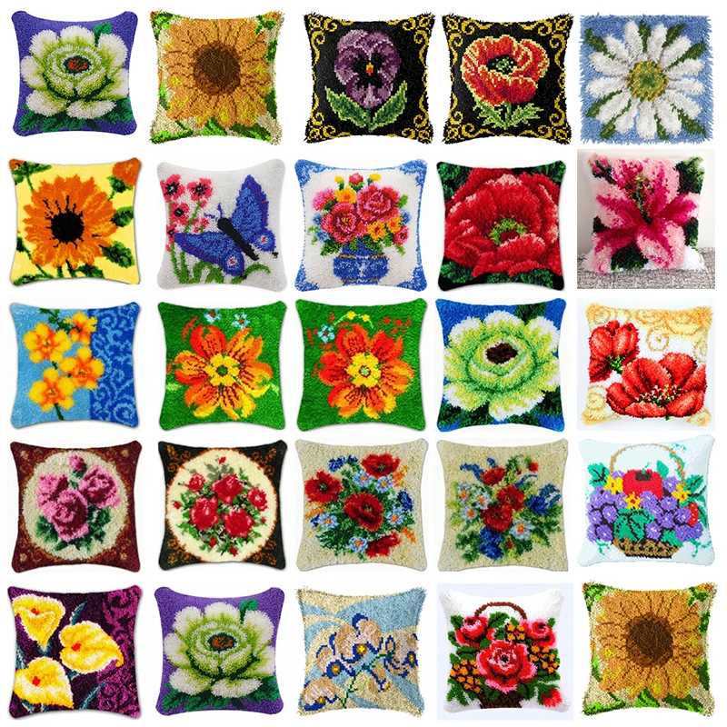 

Beautiful Flowers Latch Hook Kits Smyrna Pillowcase Knot Pillow Package Latch Hook Kit Set For Needlework Embroidery Cushion