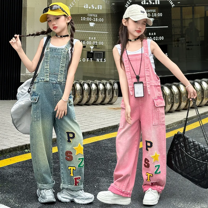 2025 Spring teen girls American High Street Hiphop Strap Pants junior kids Loose Cowboy Retro Casual jumpsuit ins child clothes