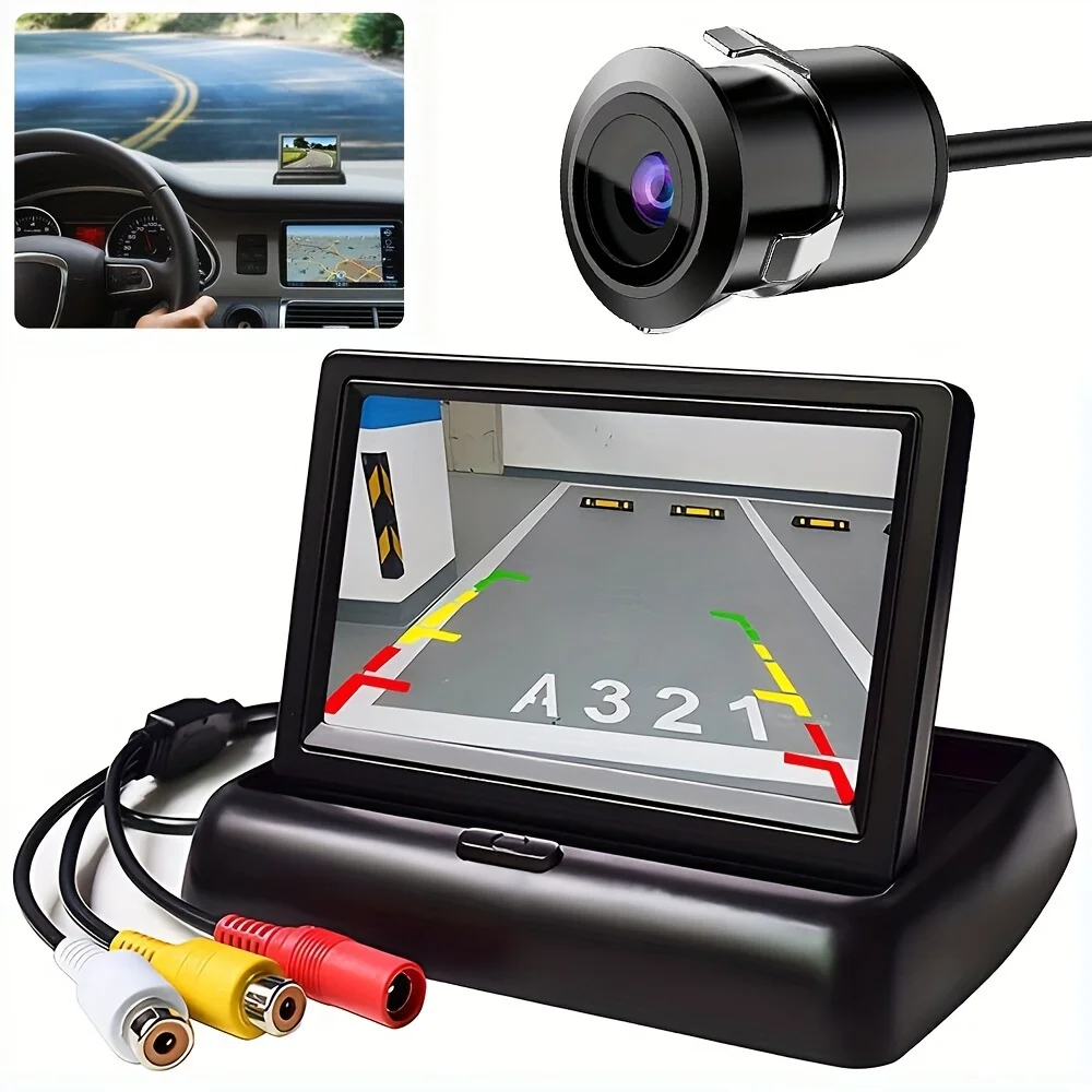 Car Backup Monitor Camera Kit 4.3 Inch Foldable Screen TFT LCD Vehicle Rear View Reverse Parking System Night Vision Camera