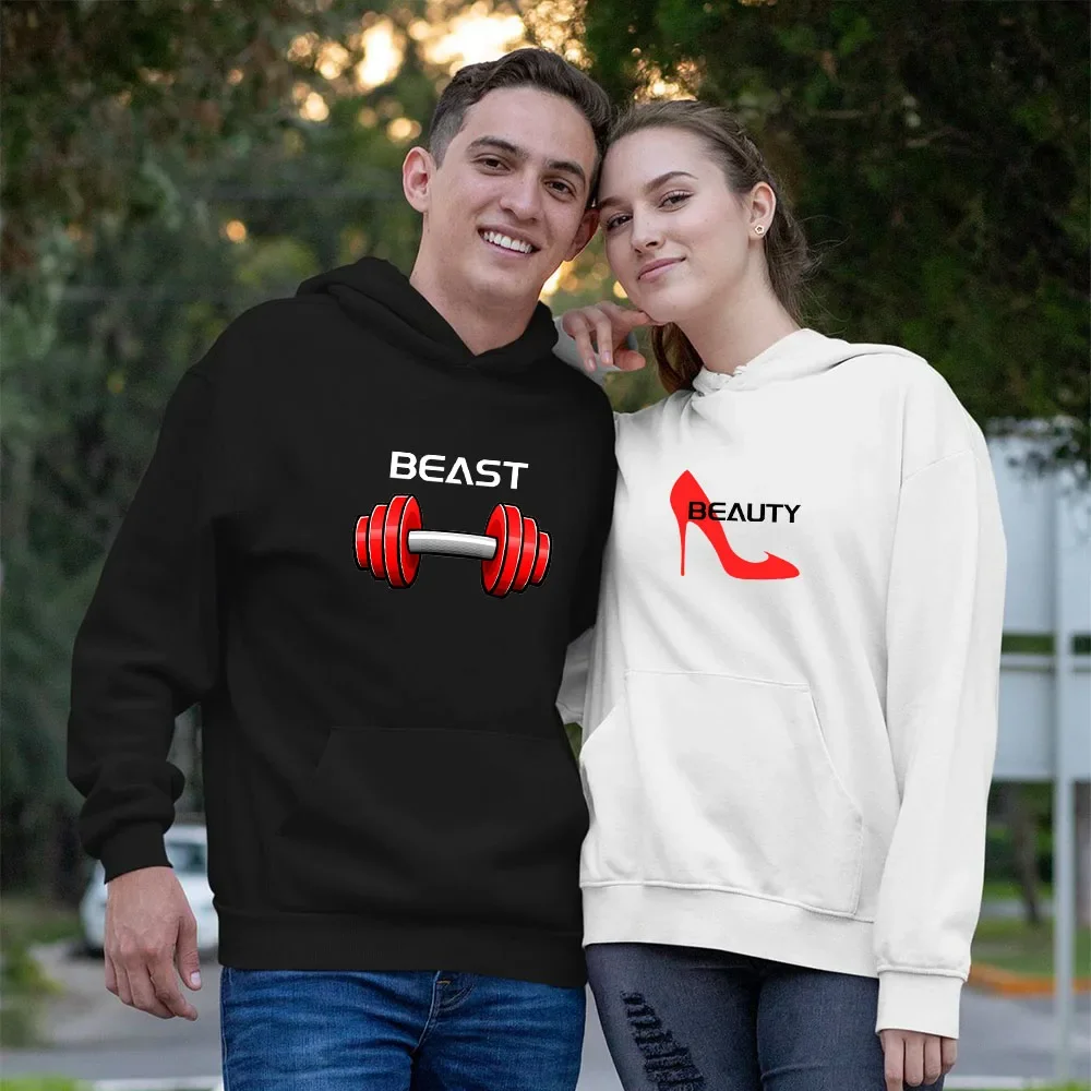 Couple Hoodies Beast Beauty Printed Sweatshirts Women Autumn Winter Harajuku Y2k Oversized Male Hoody Dating Casual Clothing