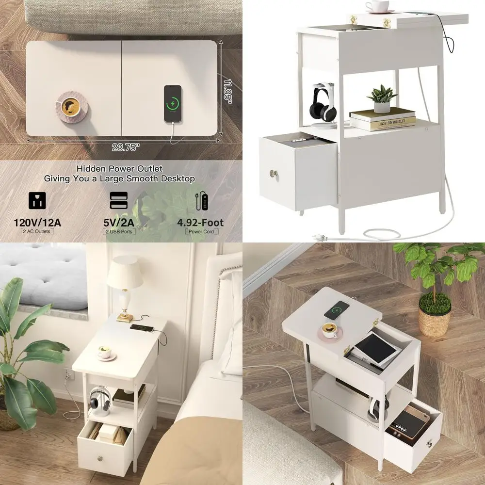 

Белая прикроватная тумбочка с зарядной станцией, откидной дверцей и тканевым ящиком для небольших помещений