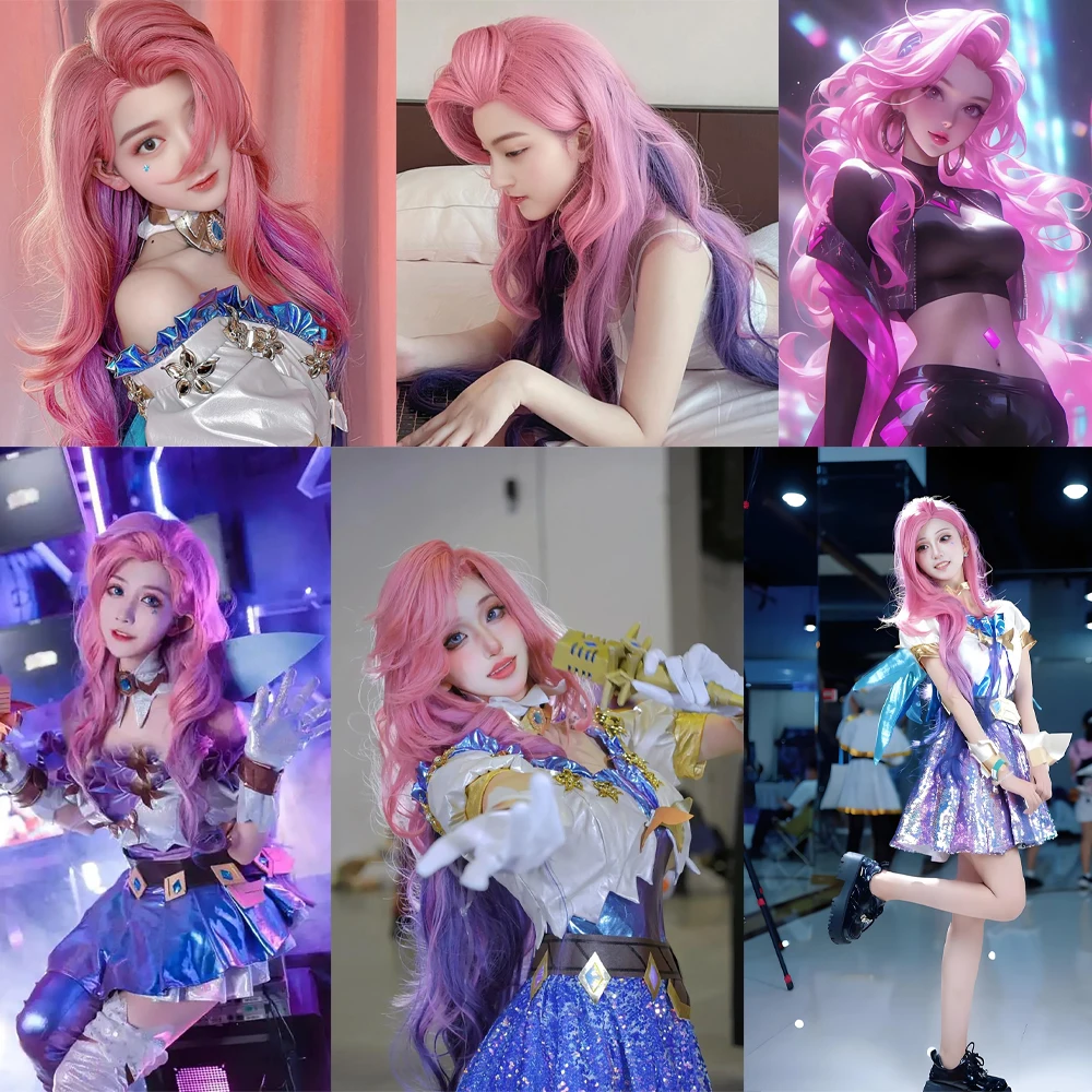 عالية الجودة أنيمي لعبة Lol Starlight المغني سيرافين تأثيري الشعر الاصطناعية Kda الشكل النهائي هالوين كرنفال شعر مستعار للحفلات اليومية #6