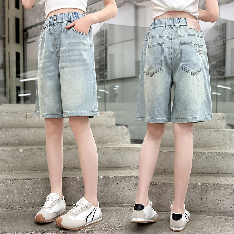 Brief Style Classic Kids Denim Shorts for Teenage Girls Casual Knee Length Capris Pants Children Fashion Summer Short Jeans 5-14
