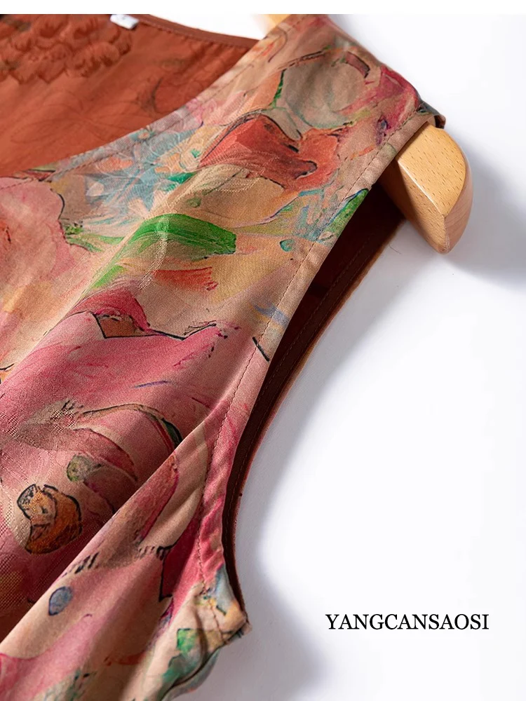 Artistic Sense Oil Paint Style 100% Natural Mulberry Silk Gambiered Guangdong Gauze Design Sense Women's Large Swing Vest Dress