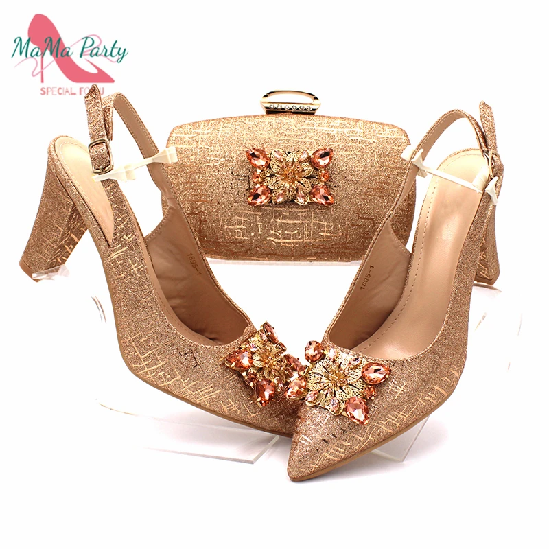 Fashionable Italian Shoes and Bag Set African Sets Champagne Color Nigerian Shoes with Matching Bags for Royal Wedding Party