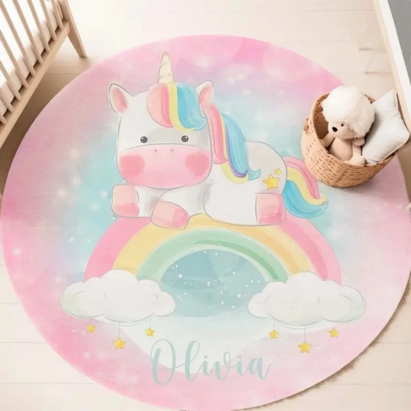 Sweet Rainbow Unicorn Decorative Floor Mat Cloud Star Pastel Print For Home Indoor Magical Cute Theme Stylish Home Decor