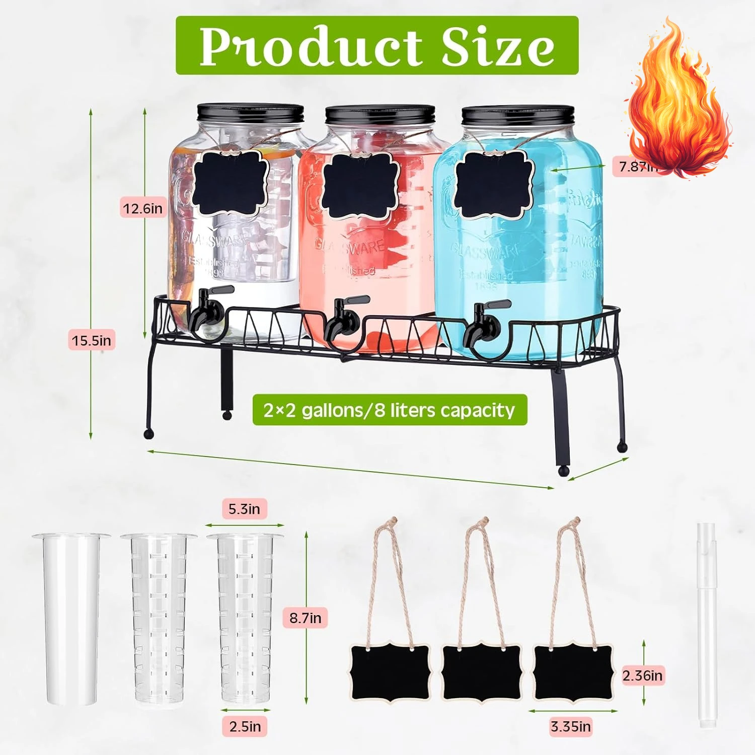 

3 шт. 2-галонный стеклянный диспенсер для напитков с подставкой и крышкой, диспенсер для напитков Mason Jar с патрубком из нержавеющей стали, подвесной