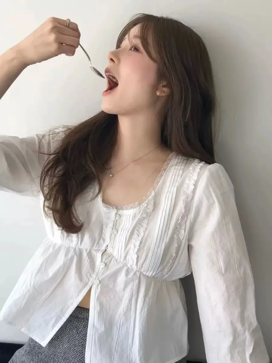 

Lillycotts Lace Wooden ort White Waist-Cinching irt Women's Faion Commute Sle Long Sve round Ne Cotton irt