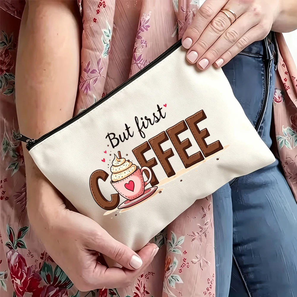 Coffee-Themed Makeup Bag with Zipper Closure - Cute Coffee Cup and Bean Design, Lightweight Soft Fabric Cosmetic Organizer, Travel Bag and Stationery Case, Perfect Gift for Women and Coffee Lovers