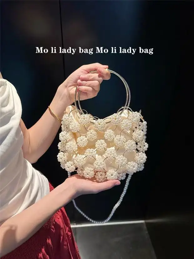 

Luxury Pearl Beading Hollow Out Handmade Bucket Bag Women Handbag Pearl Chain Evening Bag Lady Purse Shoulder Crossbody Bag