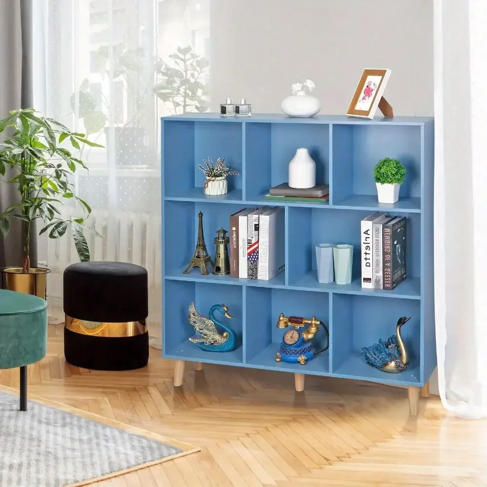 

3-Tier 8 Cube Wood Open Shelf Bookcase Storage Organizer with Legs, Bright Blue