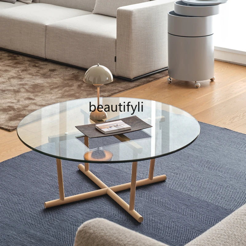 

Japanese Glass round Coffee Table Modern Minimalist Retro Solid Wood White Oak Walnut Black