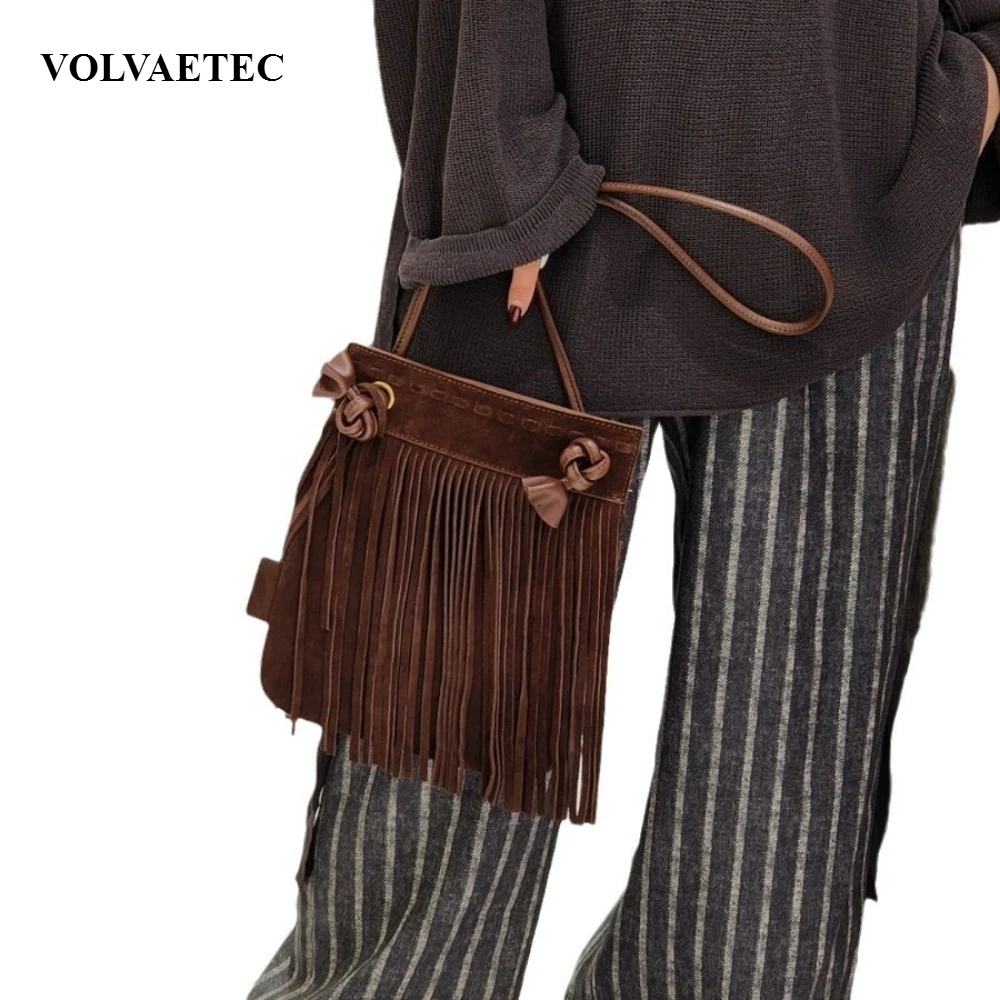 VOLVAETEC Frosted Leather Anti-velvet Cowhide Fringed Bag Women's Shoulder Messenge Casual Versatile Commuting Large Capacity