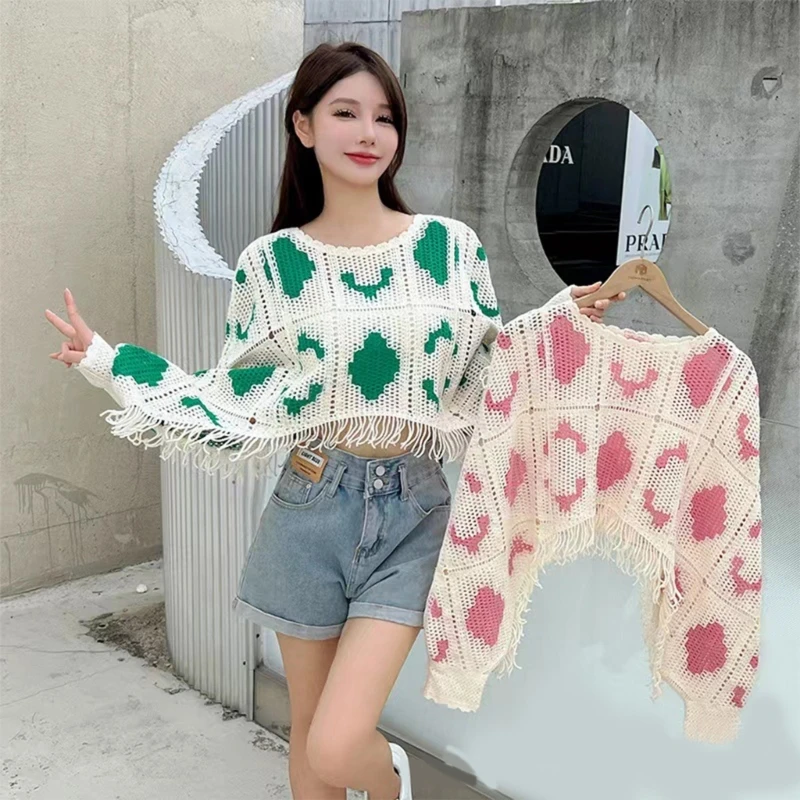 Áo crop top dệt kim Y2K nữ móc áo sơ dài tay khoét rỗng Áo len