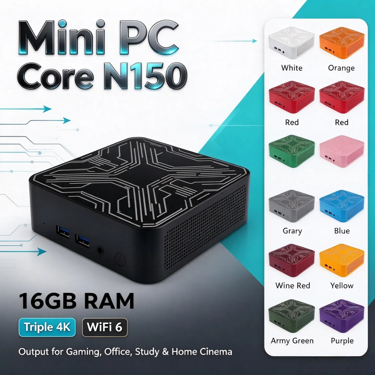 m2-nvme-ssd搭載、オフィスや家庭で使えるポータブルミニpc。intel-core-n150プロセッサー、2026年モデル、16gbメモリ、トリプル4kディスプレイ、wi-fi-6対応、静音冷却、高性能デスクトップpc。