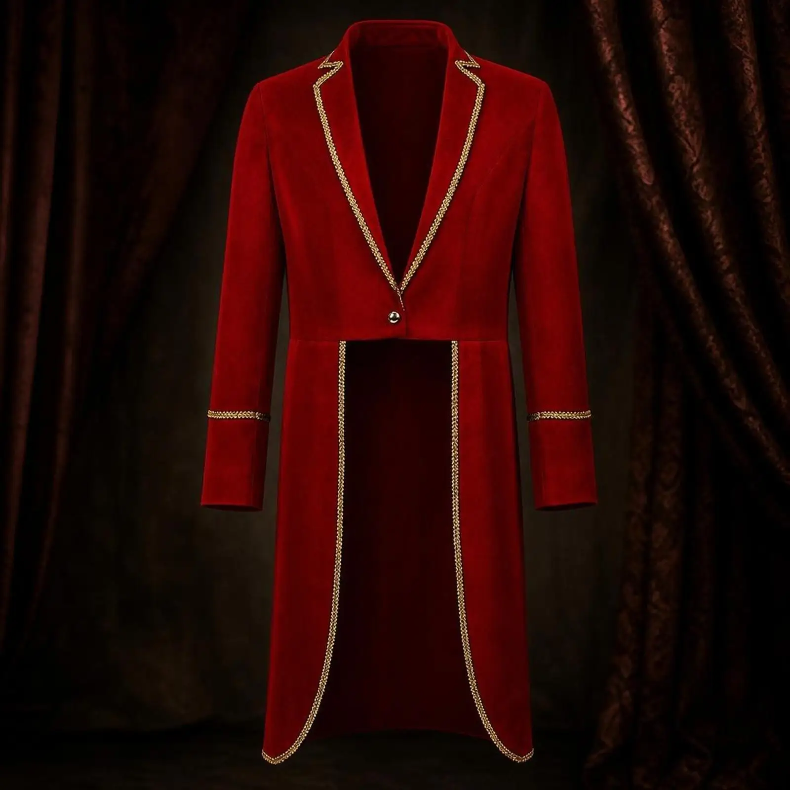 Retro Men Suit Jacket Vintage Tailcoat Elegant Gold Trim Design Long Sleeve Formal Stage Costume for Theatrical Show Party