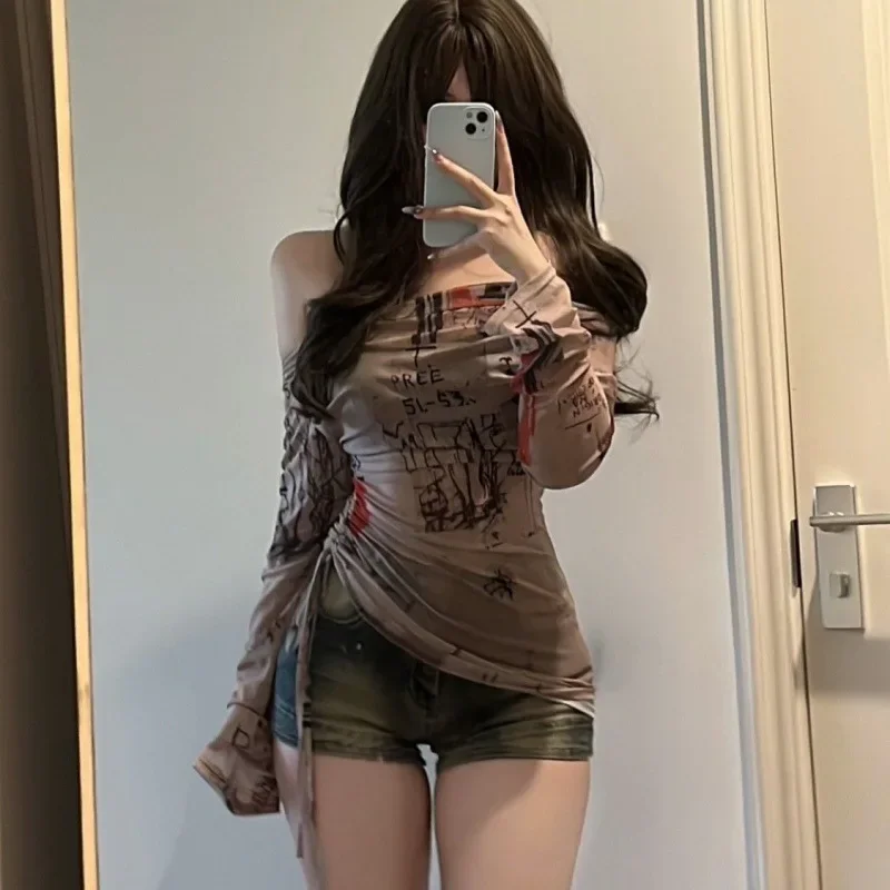 

Long sleeved T-shirt spicy girl style one shoulder women's thin mesh screen graffiti print irregular drawstring top