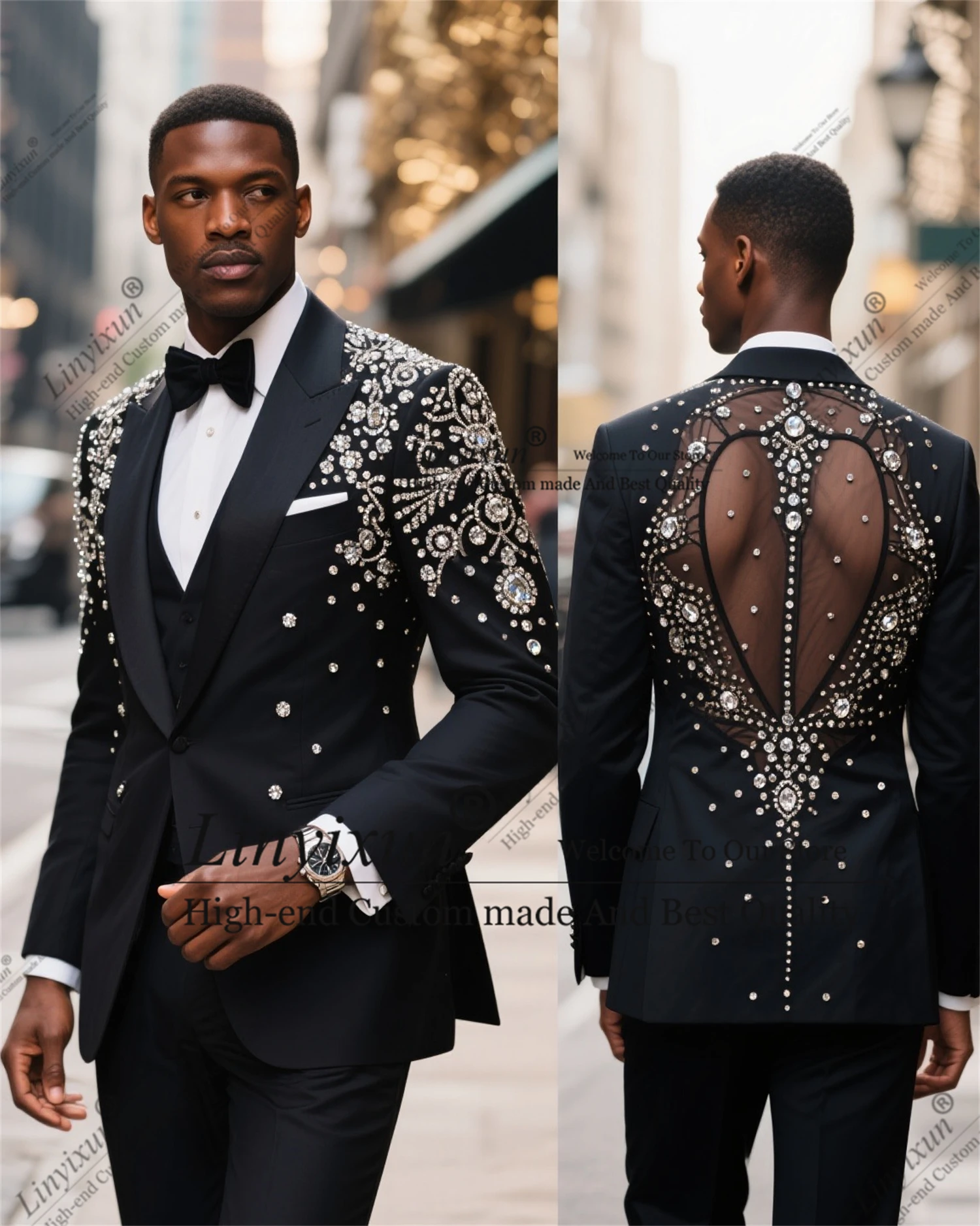 

High-end Design Crystal Diamond Men Suits 2 Pieces Sets Wedding Groom Tuxedo Male Prom Blazers Customized Costume Homme