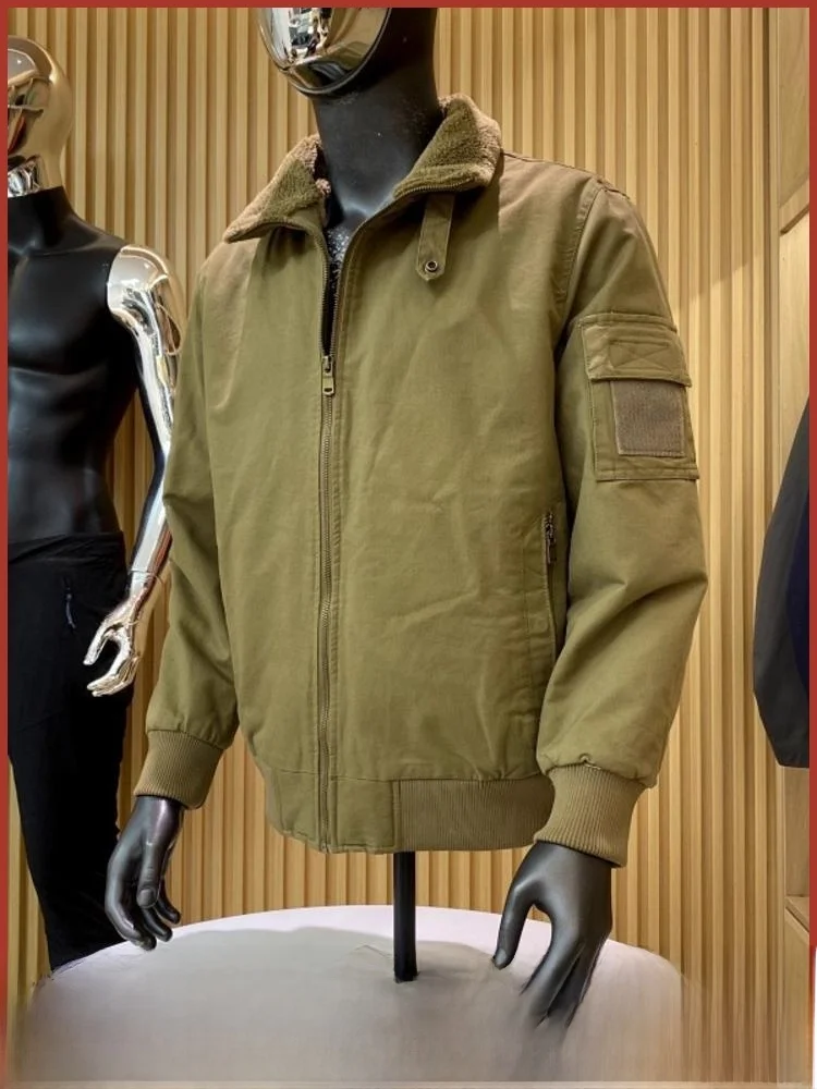 

Men's Outdoor Winter Jaet Lamb Fur Collar Warmth Retention Cotton Coat Heavyweight Stand Fit Workwear Sle Zipper Closure