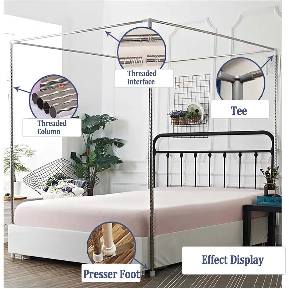 4 Corners Post Canopy Bed Curtains Mosquito Net Bed Frame Curtain Brackets Bed Netting Canopy Frame with Curtain Grey