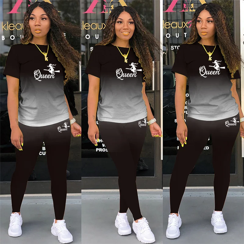 

Printed Gradient Colors T Shirt Pants Sports Suit For Women Clothing 2024 New Summer Two Piece Set Women Tracksuits Sets