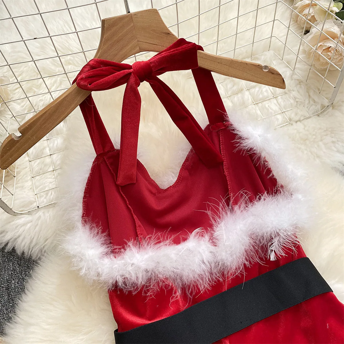 Lovermore Christmas Plush Feather Jumpsuit with Belts Cosplay Uniform Sexy New Year Underwear Hot Girl Role Play Lingerie Outfit