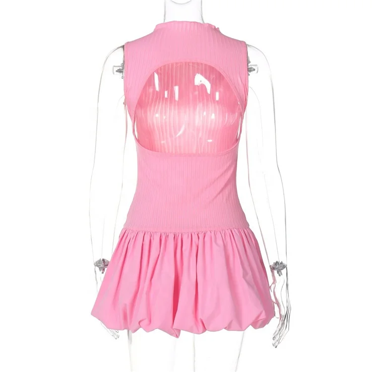 Lady Club Party Birthday Sexy Mini Dress Cut Out Sleeveless Solid Pleated Bubble Dresses For Women