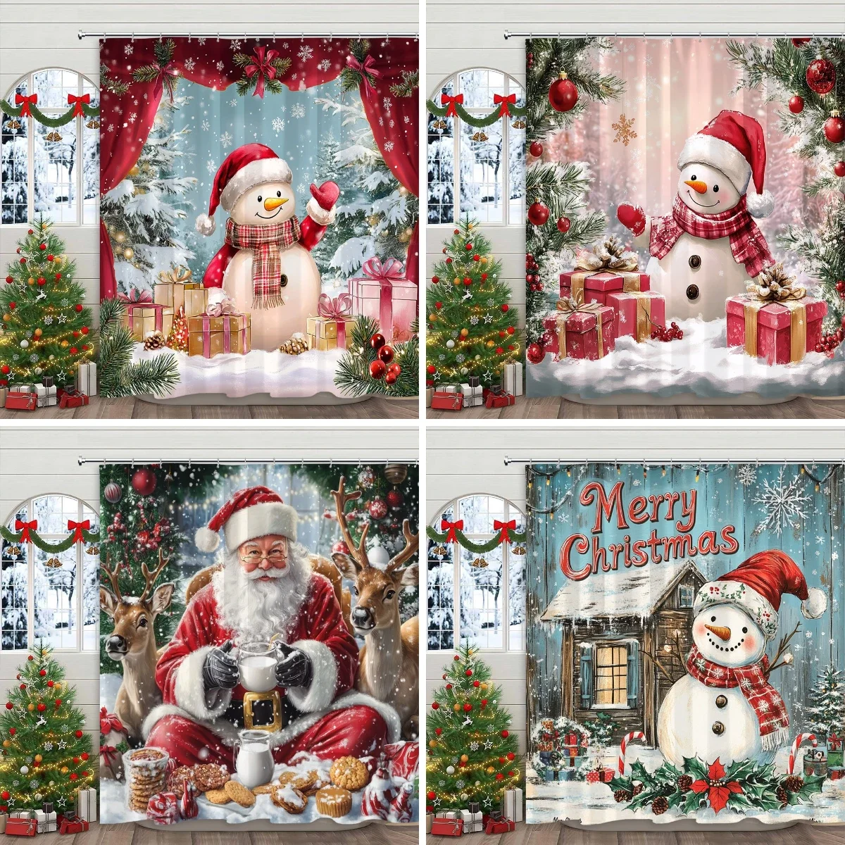 

Christmas Snowman Shower Curtain Santa Claus Christmas Gifts Snow Printed Polyester Fabric Home Decor Shower Curtain With Hooks