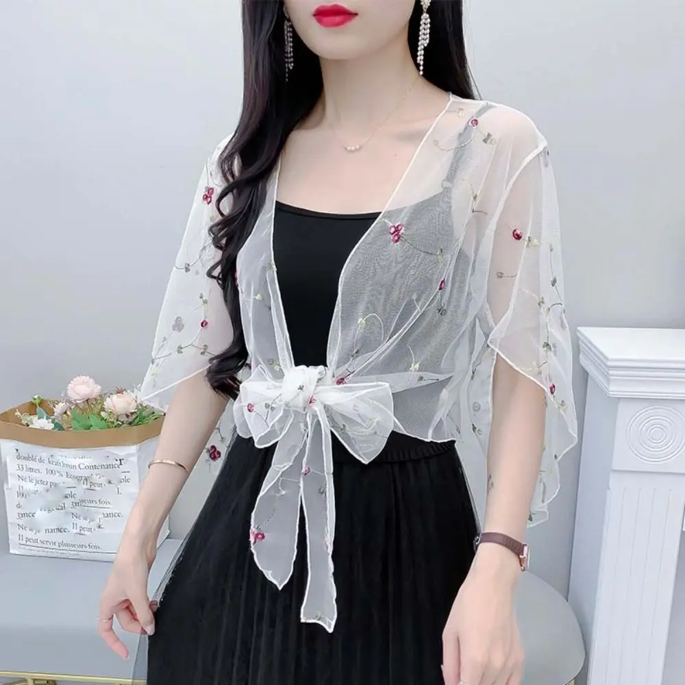 Embroidery Chiffon Small Shawl Jacket Flower Transparent Chiffon Cardigan Shirt Long-sleeved Sunscreen